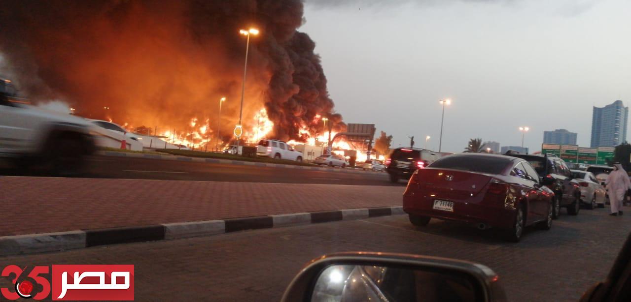 حريق هائل بالمنطقة الصناعية الجديدة في إمارة عجمان بدولة الإمارات